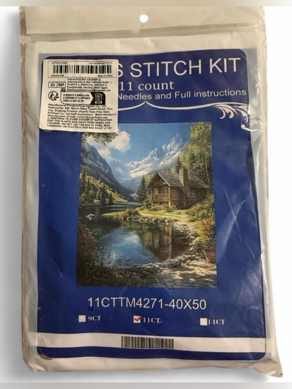Source Unknown Blue Scenic Cabin Cross Stitch Kit